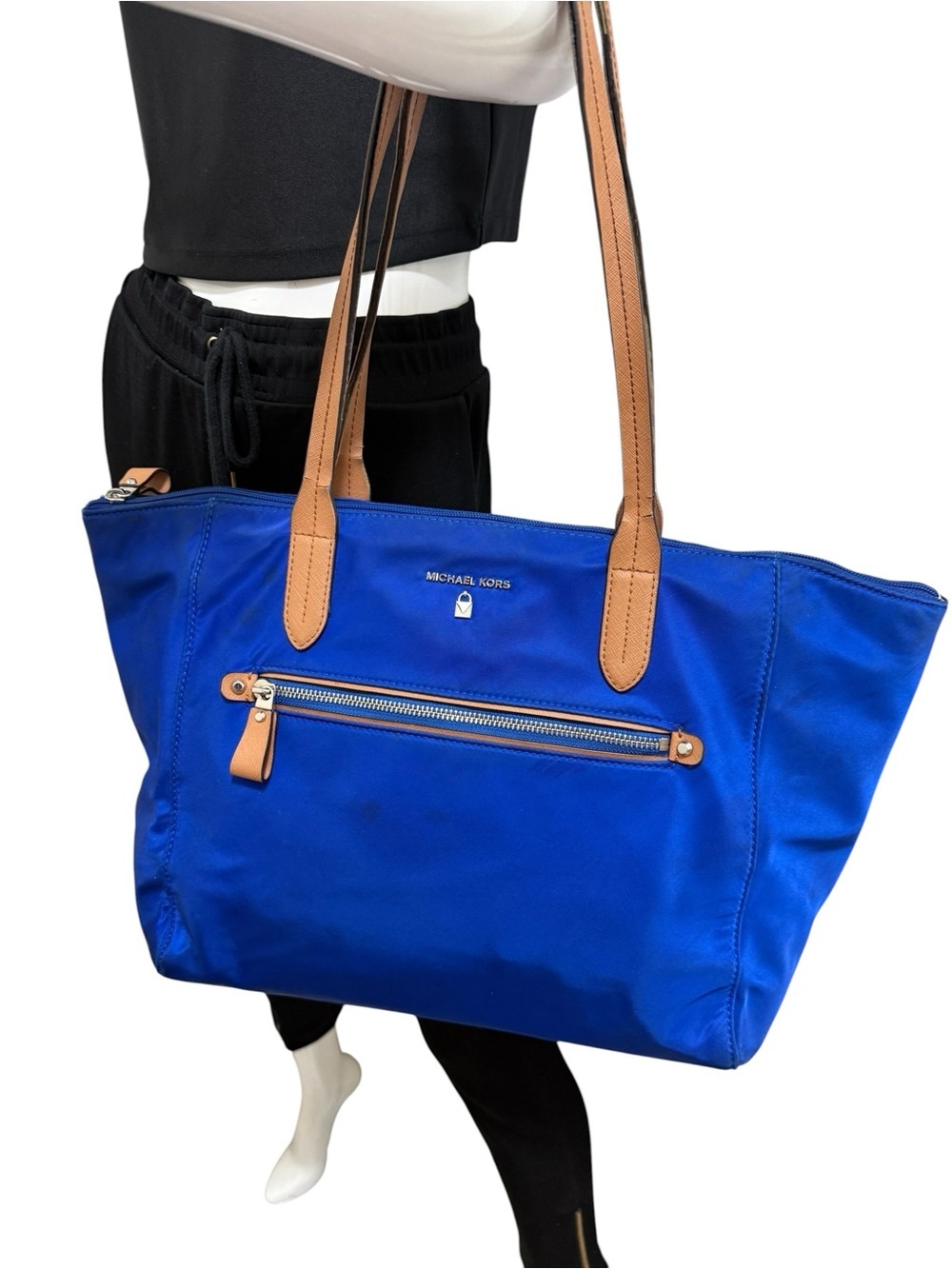 MICHAEL KORS Royal Blue Tote with Tan Leather Straps.